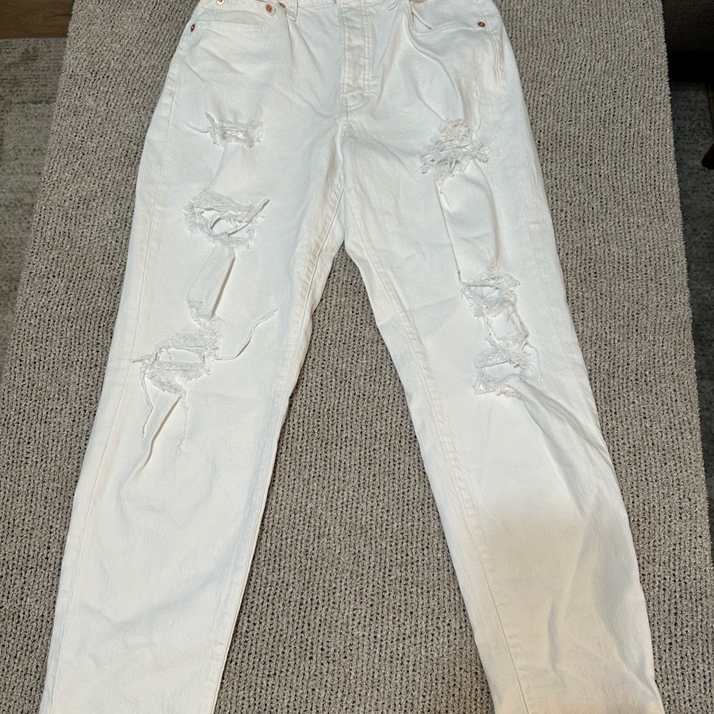 Lucky Brand White Boyfriend Jeans Distressed Casual-drew mom high rise taper
